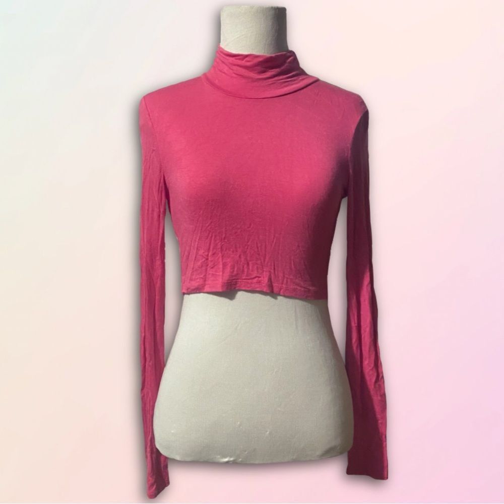 Cleo, Bright Pink, Long Sleeve, Mock Neck, Bodycon, Crop Top